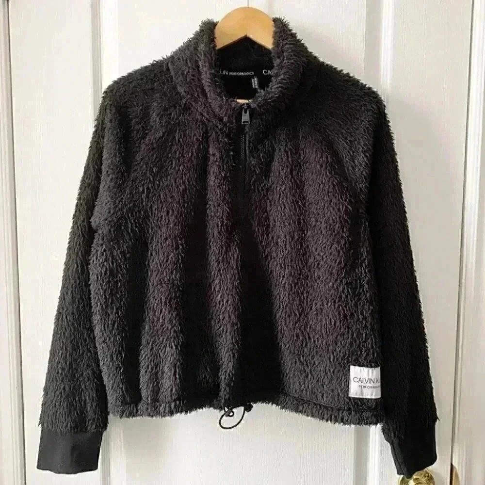 Calvin Klein Plush Sweater Cropped Fuzzy 1/4 Zip Pullover Black Size XL - Picture 3 of 16